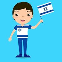 criança sorridente, menino, segurando uma bandeira de israel isolada em fundo azul. mascote de desenho vetorial. ilustração de férias para o dia do país, dia da independência, dia da bandeira. vetor