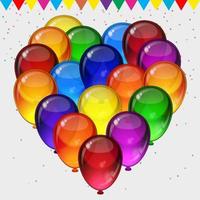 fundo de vetor de festa de aniversário - balões festivos coloridos, confetes, fitas voando para cartão de celebrações em fundo branco isolado com espaço para você texto.