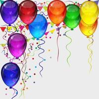 fundo de vetor de festa de aniversário - balões festivos coloridos de transparência realista, confetes, fitas voando para cartão de celebrações em fundo branco isolado com espaço para você texto.