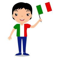 criança sorridente, menino, segurando uma bandeira da itália isolada no fundo branco. mascote de desenho vetorial. ilustração de férias para o dia do país, dia da independência, dia da bandeira.