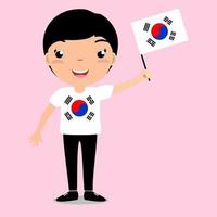 criança sorridente, menino, segurando uma bandeira da coreia do sul isolada no fundo branco. mascote de desenho vetorial. ilustração de férias para o dia do país, dia da independência, dia da bandeira. vetor