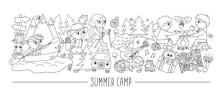 conjunto horizontal preto e branco vetorial com animais fofos da floresta em quadrinhos e crianças fazendo atividades de acampamento de verão. modelo de cartão com personagens da floresta e crianças nos feriados. borda da linha de viagem ativa.