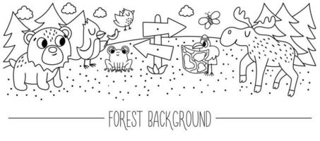 vector fundo de floresta de borda horizontal preto e branco. cartão de contorno bonito com animais adoráveis em quadrinhos na floresta. modelo de impressão de viagem de aventura. marcador de linha de turismo local ativo