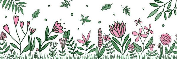 papel de parede horizontal bonito do verão floral. doodle banner de flores e folhas. cenário botânico. vetor