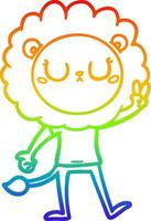 desenho de linha de gradiente de arco-íris leão de desenho animado dando sinal de paz vetor