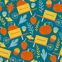 padrão perfeito de outono com carrinhos de mão, abóboras, folhas e galhos ilustração vetorial vetor