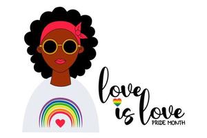 mês do orgulho lgbt. amor é amor. linda garota lésbica étnica de pele escura em óculos escuros e com arco-íris. bandeira do orgulho lgbtq nas cores do arco-íris. direitos humanos e tolerância. ilustração vetorial. vetor