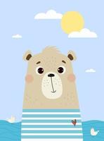 urso fofo no colete de camiseta listrada no mar. ilustração vetorial. cartaz de verão animal para coleção infantil, cartões postais, design, impressão, decoração de quarto e berçário e cartões de felicitações vetor