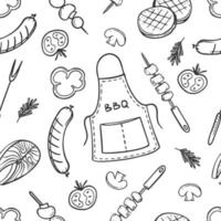 um padrão com elementos de grelha e churrasco para o menu de um restaurante bar café em uma ilustração vetorial de fundo branco de rabiscos vetor
