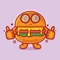 mascote de personagem de comida de hambúrguer fofo com o polegar para cima desenho isolado de gesto de mão em design de estilo simples vetor