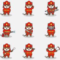 ilustração em vetor de desenho de gato com fantasia de bombeiro. conjunto de personagens de gato fofo. coleção de gato engraçado isolado em um fundo branco.