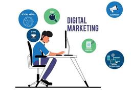 marketing digital com homem trabalhando no laptop vetor