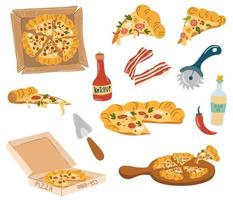 conjunto de desenhos animados de pizza. comida rápida. pizzas italianas com verduras, pimenta, tomate, azeitona, queijo, cogumelo, mancha de ketchup. pedaços de pizza e ingredientes. ilustração vetorial de desenho animado vetor