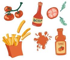 batata frita e molho de tomate ketchup. comida rápida. batatas fritas assadas, manchas de ketchup, tomates. cartão de menu delicioso fast food, saboroso almoço insalubre. ilustração vetorial de desenho animado