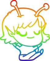 desenho de linha de gradiente de arco-íris desenho de menina alienígena sorridente sentado vetor
