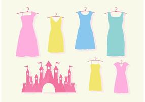Castelo de princesa rosa e conjunto de vetores de vestidos