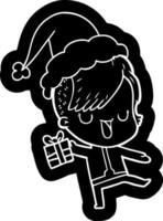 ícone bonito dos desenhos animados de uma garota com corte de cabelo hipster usando chapéu de papai noel vetor