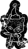 bonito ícone angustiado de desenho animado de um gato usando vestido usando chapéu de papai noel vetor