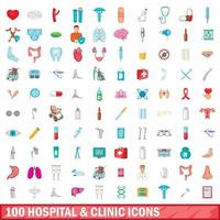 Conjunto de 100 ícones de hospital e clínica, estilo cartoon vetor