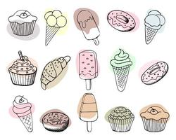 conjunto de sobremesas de contorno, sorvete, rosquinhas e cupcakes com manchas de cor pastel abstratas. ícones, impressão, esboço
