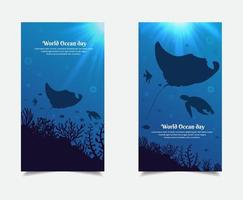 histórias de modelo de design do dia mundial dos oceanos com luz solar, arraia, peixe escolar e tartaruga. projeto do dia dos oceanos vetor