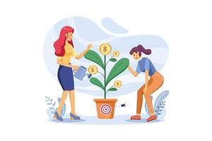 mulheres em pé em uma pilha de moedas regando a planta de dinheiro vetor