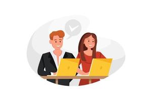 mulher e homem sentam-se à mesa no local de trabalho, trabalha em laptops. trabalha em conjunto ilustração vetorial. vetor