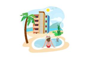 mulher curtindo férias de férias no luxuoso resort hotel à beira-mar com piscina e paisagem tropical perto da praia. vetor