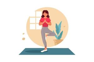 jovem de pé em uma perna na ioga. mulher de pé em uma perna em pose de ioga de equilíbrio vetor