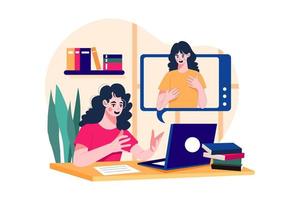 a mulher aprende habilidades de comunicação na aula online vetor