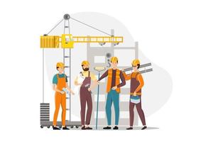 a equipe de trabalhadores da construção. imagem vetorial de design de personagens legal sobre o processo de construção ou manutenção. vetor