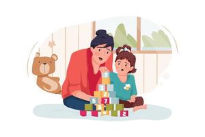 babá e menina brincando com cubos de brinquedo em casa vetor