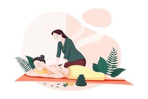 mulher fazendo massagem para uma jovem. procedimento de spa no interior do salão de beleza. tratamento e relaxamento nas costas. vetor