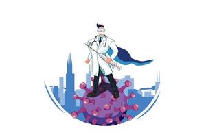 médico super-herói lutando com vírus vetor