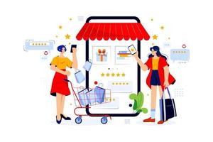 mulheres dando avaliações de compras online vetor
