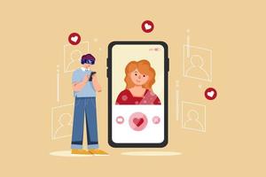 relacionamentos virtuais namoro online com um homem de óculos vr escaneando garota com tela de aplicativo vetor