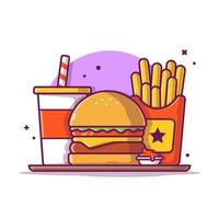 hambúrguer, batatas fritas e refrigerantes ilustração de ícone vetorial dos desenhos animados. comida objeto ícone conceito isolado vetor premium. estilo de desenho animado plano