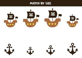 jogo de correspondência para crianças pré-escolares. combinar navios piratas e âncoras por tamanho. vetor