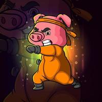 o forte porco kung fu está dando o design do logotipo da mascote esport do soco vetor