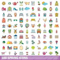 conjunto de 100 ícones de primavera, estilo cartoon vetor