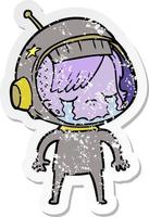 adesivo angustiado de uma garota astronauta chorando de desenho animado vetor