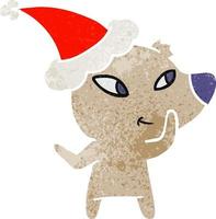 bonito desenho retrô de um urso usando chapéu de papai noel vetor