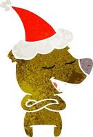 desenho retrô de um urso usando chapéu de papai noel vetor