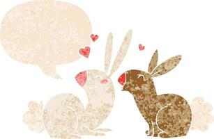coelhos de desenho animado apaixonados e bolha de fala em estilo retrô texturizado vetor
