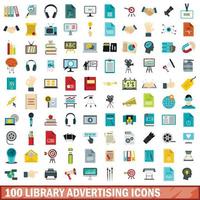 Conjunto de 100 ícones de publicidade de biblioteca, estilo simples vetor
