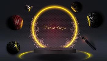 apresentação de design com bolas brilhantes voando ao redor do pódio em um anel de néon com uma coroa de folhas. data memorável, melhor produto, resultado. vetor