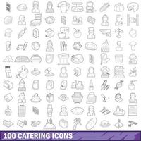 Conjunto de 100 ícones de catering, estilo de estrutura de tópicos vetor