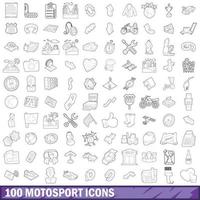 Conjunto de 100 ícones de motosport, estilo de contorno vetor