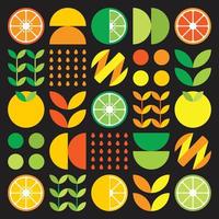 arte abstrata do ícone de símbolo de fruta laranja. arte vetorial simples, ilustração geométrica de cítricos coloridos, limões, limonada, limas e folhas. design plano minimalista cítrico em fundo preto. vetor