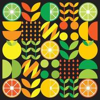 arte abstrata do ícone de símbolo de fruta laranja. arte vetorial simples, ilustração geométrica de cítricos coloridos, limões, limonada, limas e folhas. design plano minimalista cítrico em fundo preto.